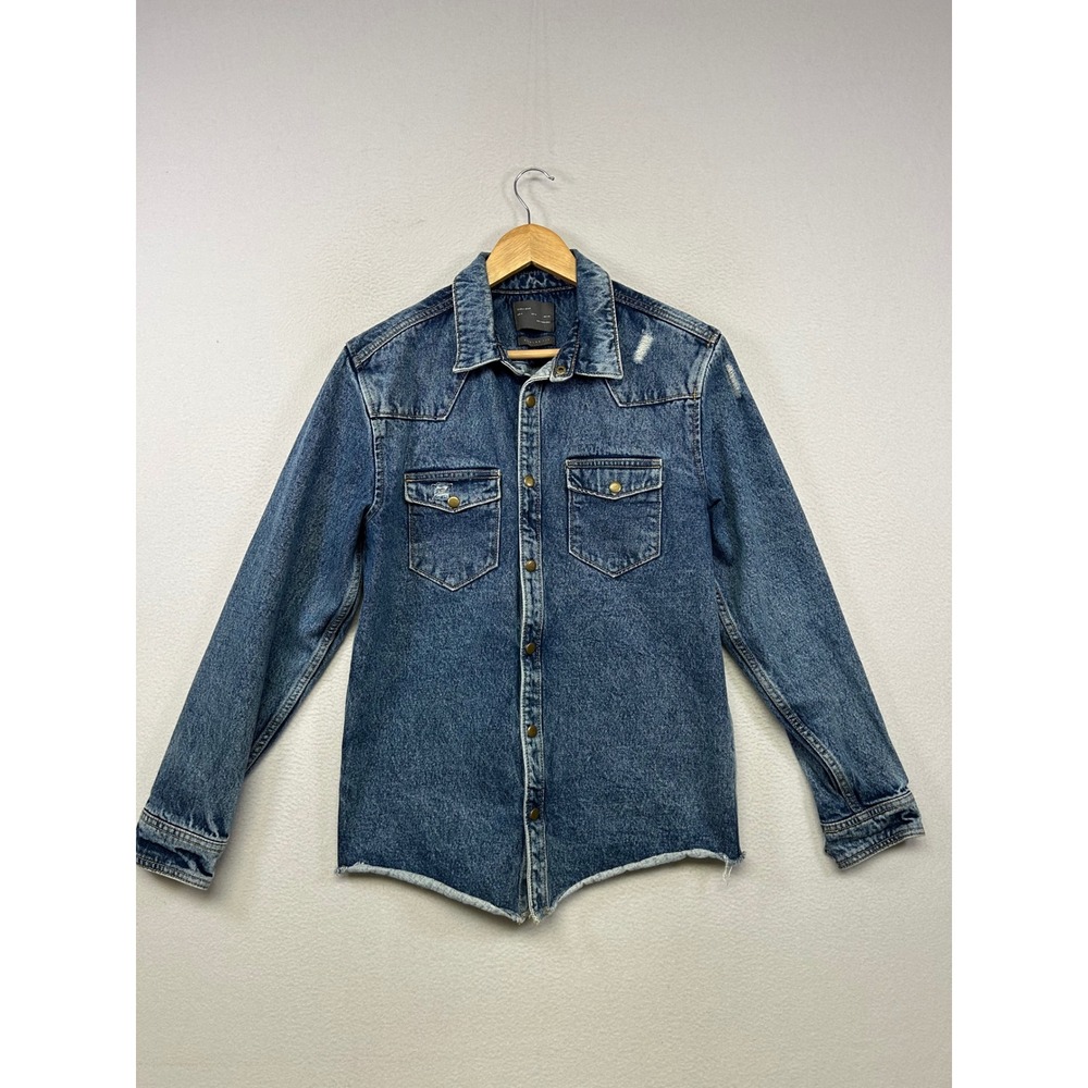 Distressed Western Zara Man Mens Size M Blue Denim Raw Hem Snap Button Shirt
